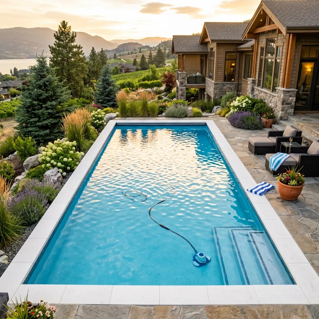 Sparkling clear backyard swimming pool after an algae recovery treatment