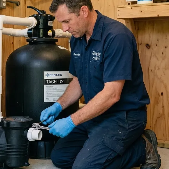 Simply Swim technician servicing a pool pump and sand filter at an equipment pad
