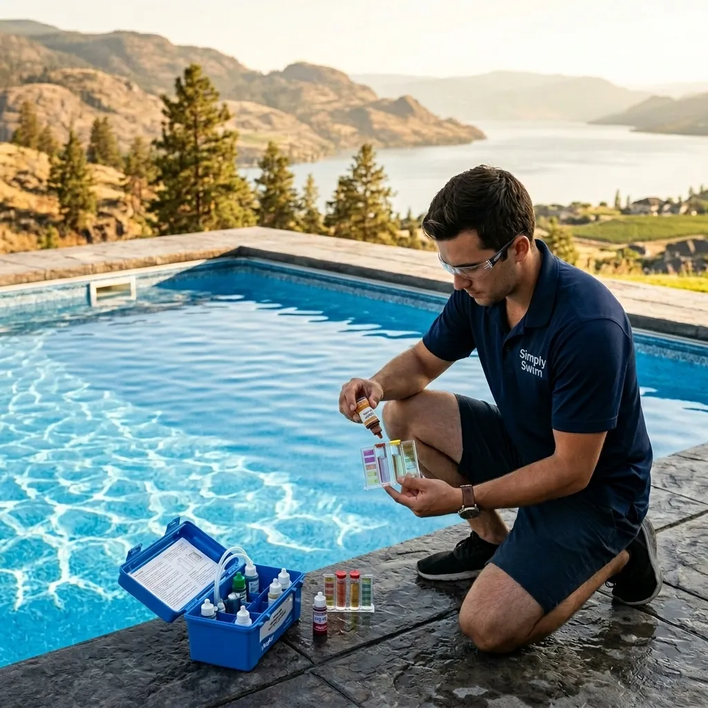 Pool water sample being tested against a chemical comparator on the pool deck