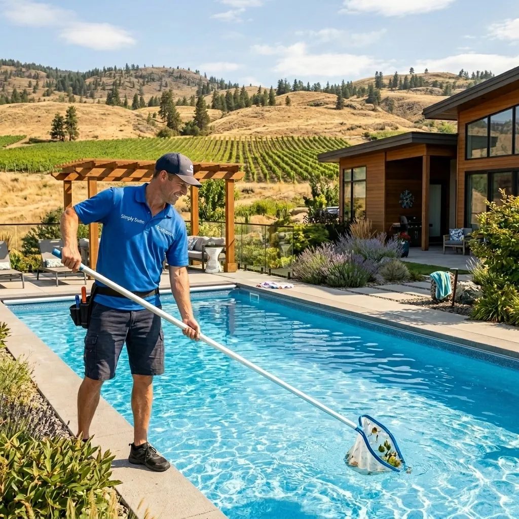 Pool technician skimming leaves from the surface of a clean backyard pool