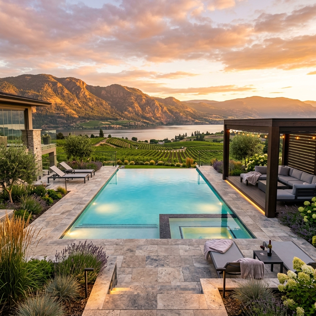Stunning Okanagan luxury pool overlooking vineyards and mountains