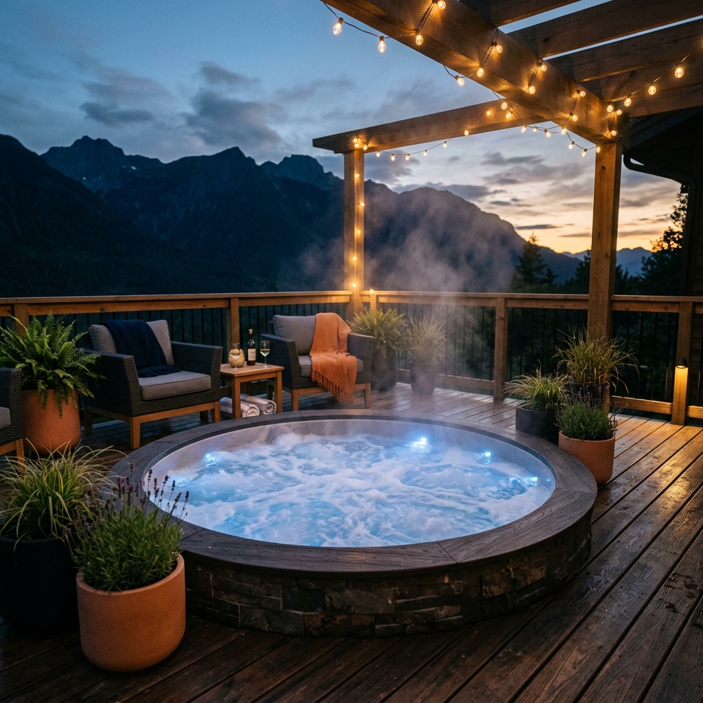 Premium hot tub spa on wooden deck at twilight with mountain views