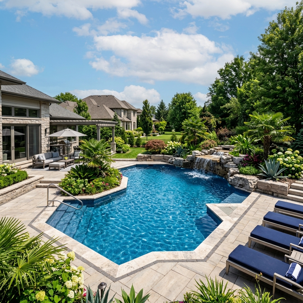 Luxury inground swimming pool with waterfall feature and lush landscaping