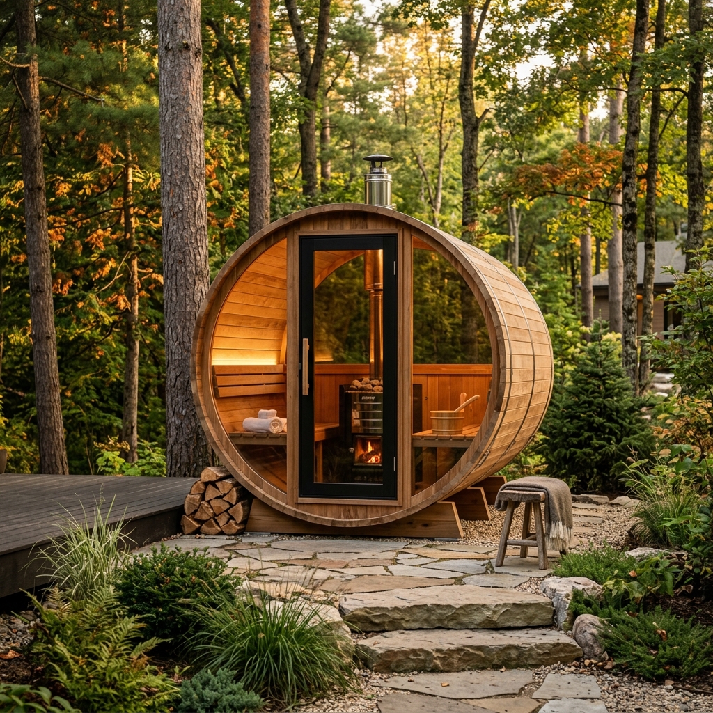 Beautiful cedar barrel sauna in outdoor forest setting