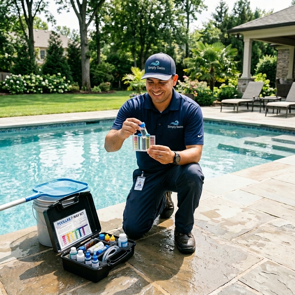 Simply Swim technician testing pool water chemistry beside a sparkling clean swimming pool