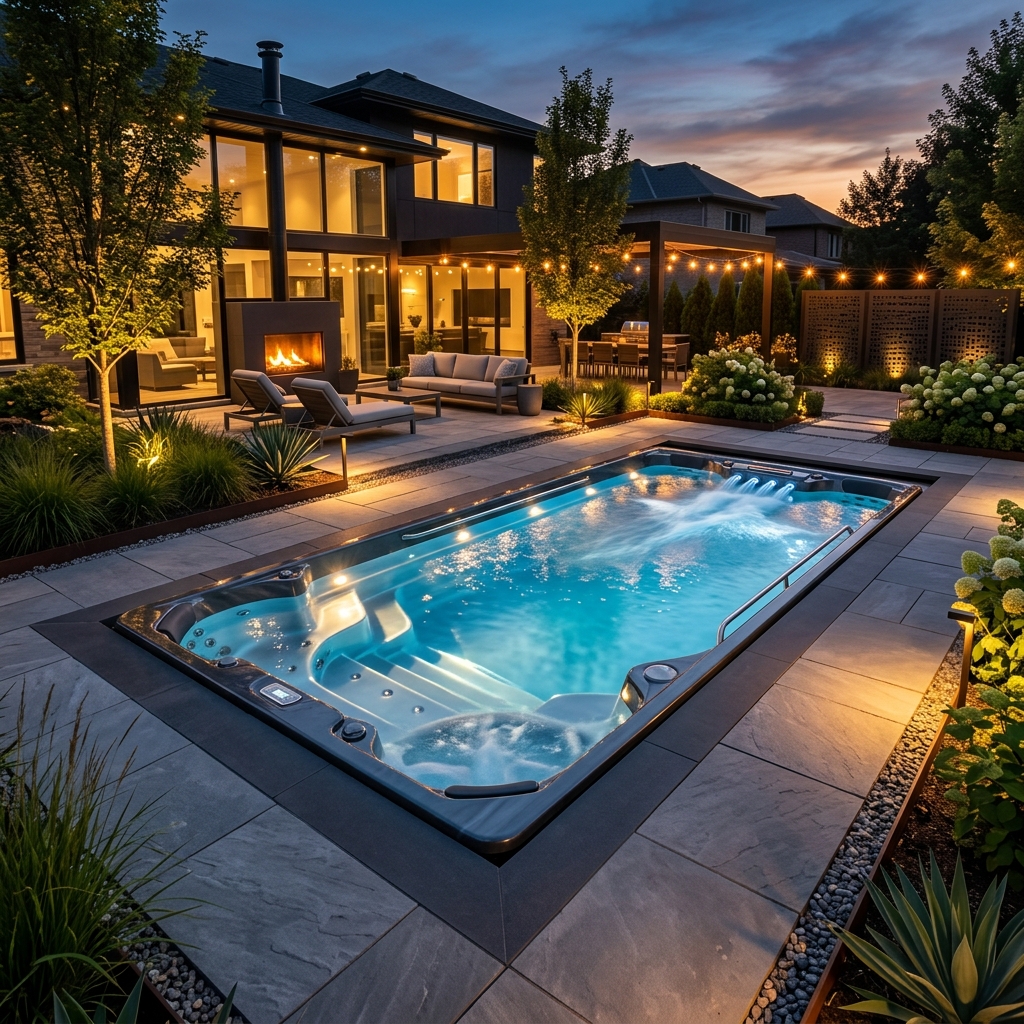 Modern swim spa with LED lighting installed in luxury backyard patio