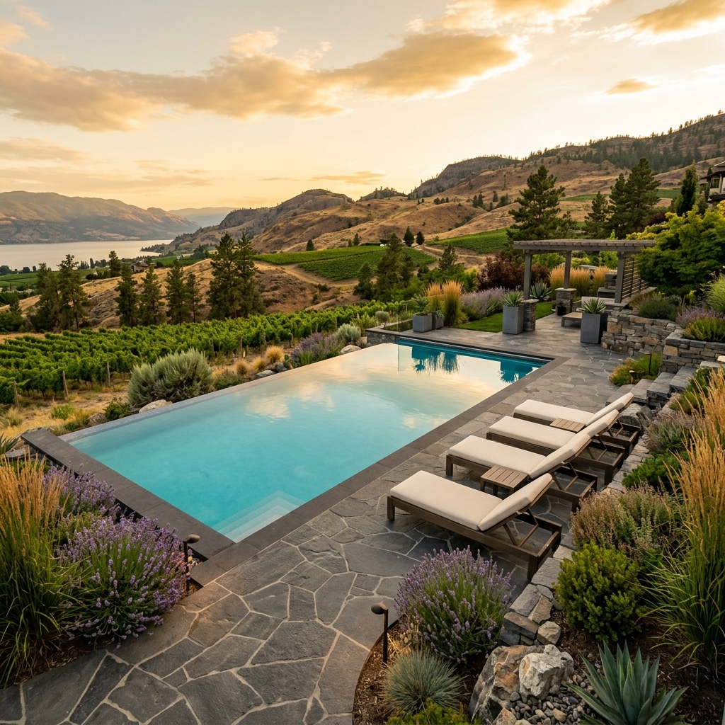 A stunning infinity pool overlooking Okanagan Lake and vineyards in Kelowna BC